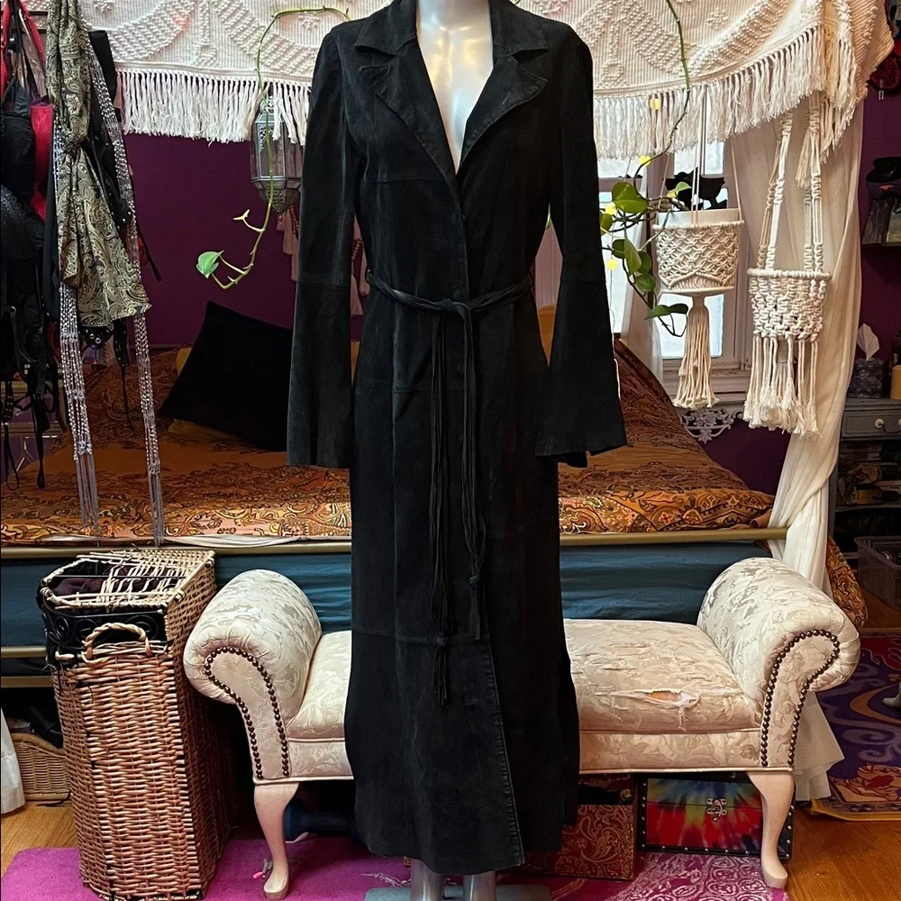Vintage 90s Goth black suede leather maxi duster trench coat jacket - Picture 1 of 7